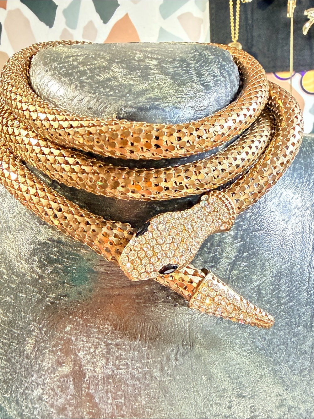 Vintage statement snake mesh wrap necklace/rhinestone head